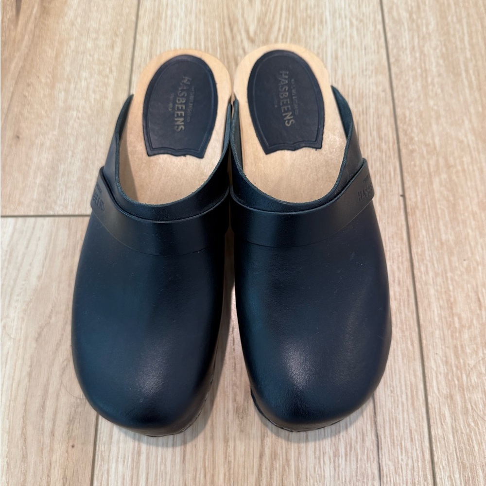 Swedish Hasbeens Black Leather Mules